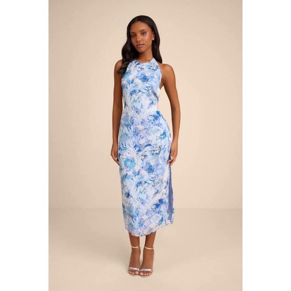 Lulus Neiva Blue And White Floral Backless Midi Dress - Size XL